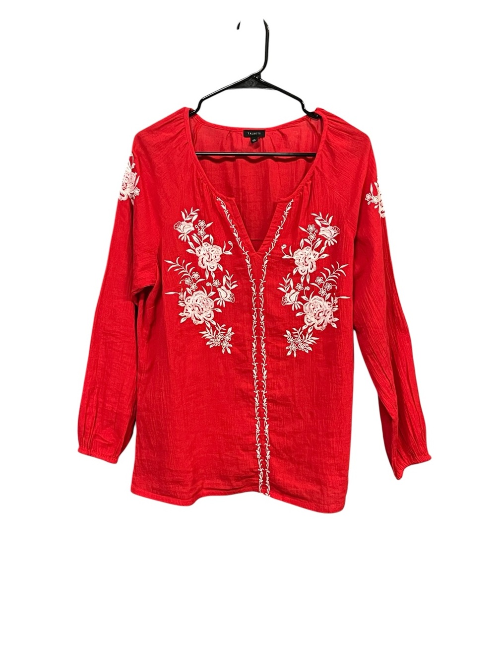 Talbots Red Embroidered Peasant Blouse Women’s Medium 100% Cotton Floral Top